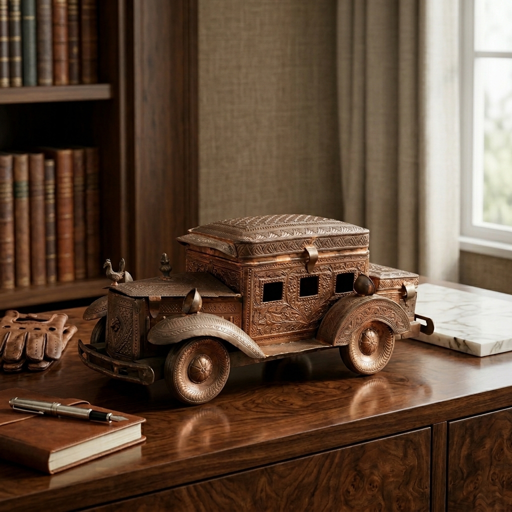 Antique Brass Vintage Car Jewelry Box view 3 - handcrafted furniture detail