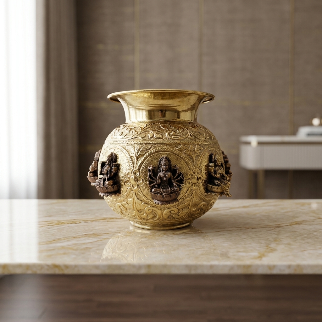 Ashta Lakshmi Engraved Brass Kalash - premium handcrafted Indian furniture, brass Kalash pot designed for festive decor, traditional wel