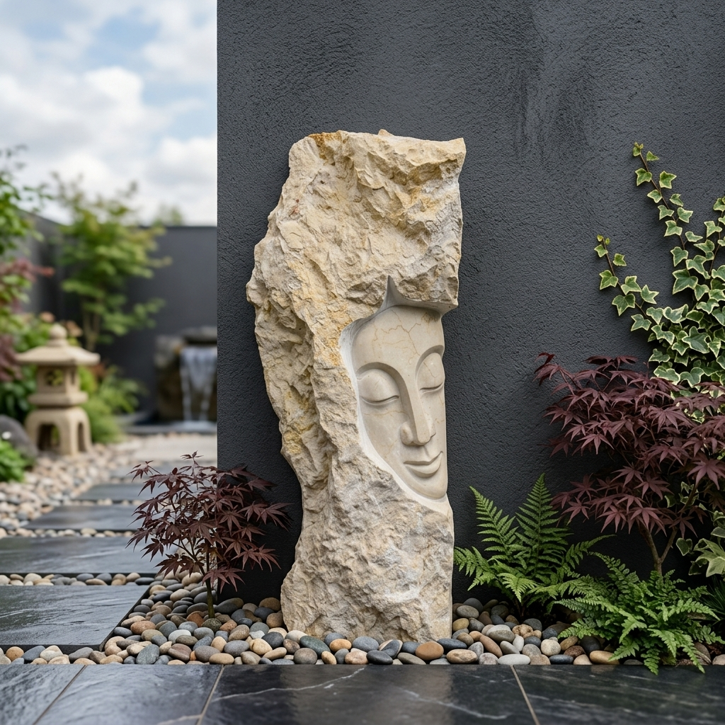 Serene Buddha Face Raw Stone Monolith Sculpture view 2 - handcrafted furniture detail