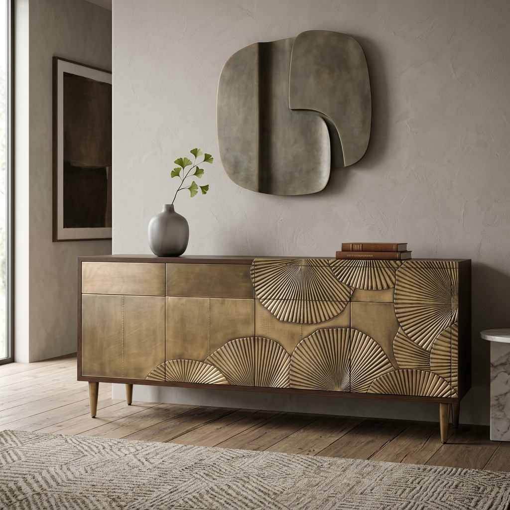 Liquid Metal - Brass Radiance Fan-Carved Sideboard view 2 - handcrafted furniture detail