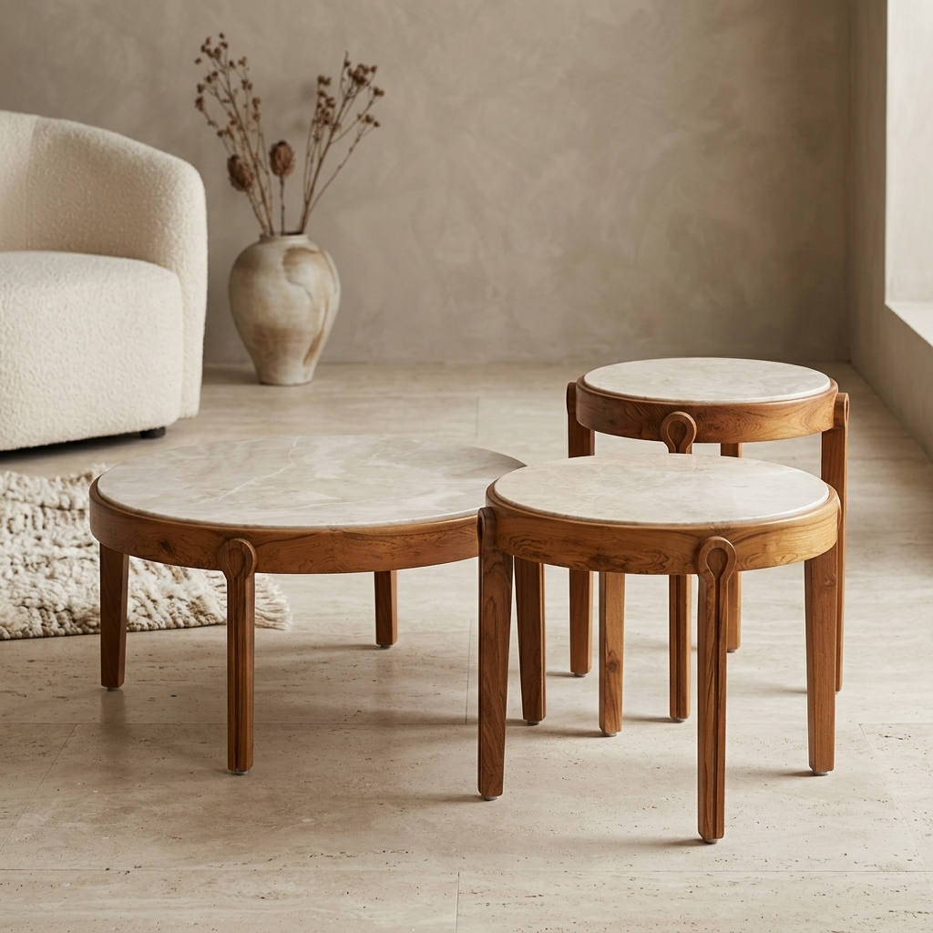 Italian Marble & Solid Teak Nesting Coffee Table Set (Set of 3) - handcrafted Indian furniture, An elegant 3-piece nesting table collection crafted with sol