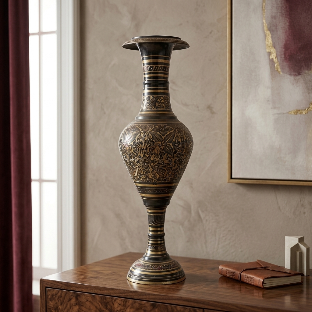 Brass Aftaba-Style Engraved Trumpet Vase - premium handcrafted Indian furniture, Elegant and staturesque, this traditional metal vase showcas