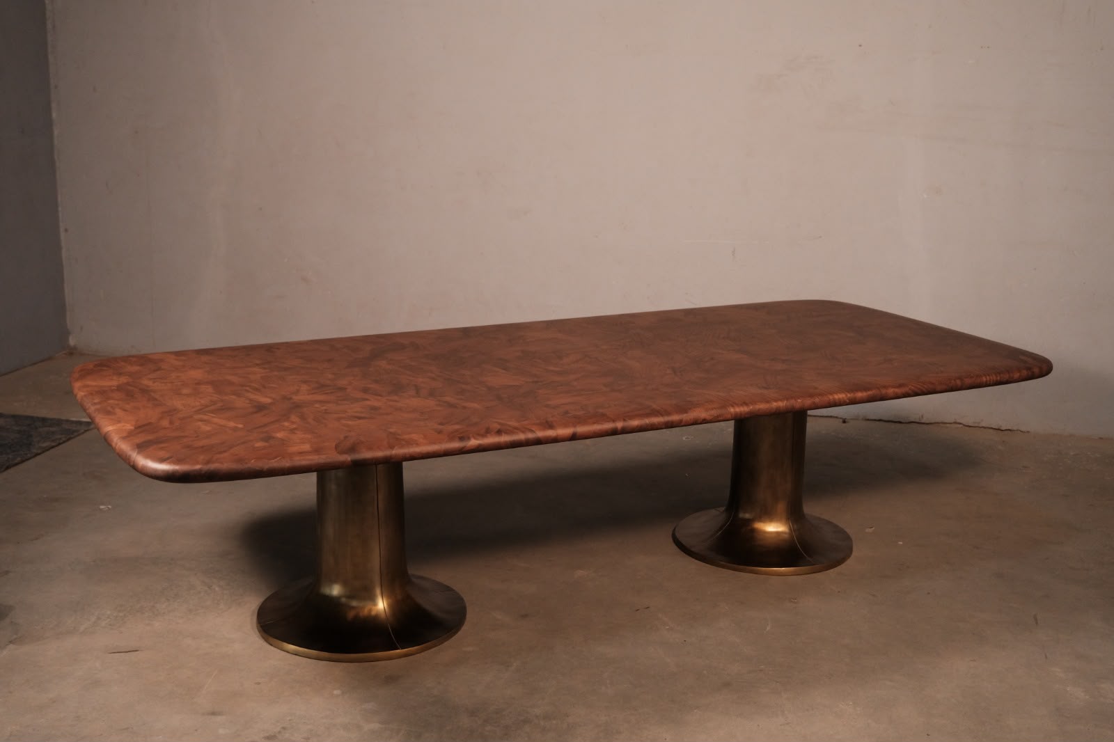 Burl Natural Wood with Veneer & Cast Aluminium Pedestal Table view 2 - handcrafted furniture detail