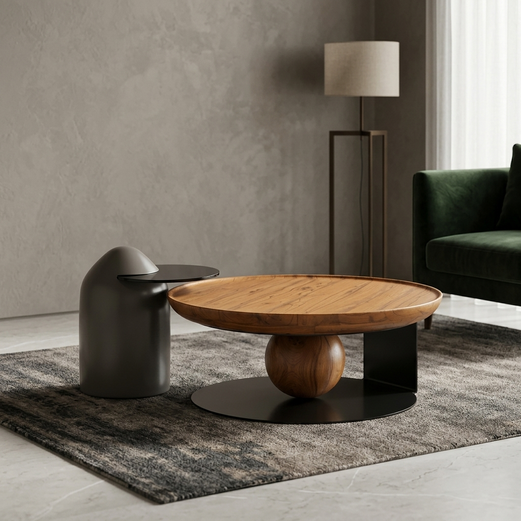 Sculptural Solid Teak & Steel Frame: Coffee Table Set - handcrafted Indian furniture, A masterfully designed two-piece architectural living room s