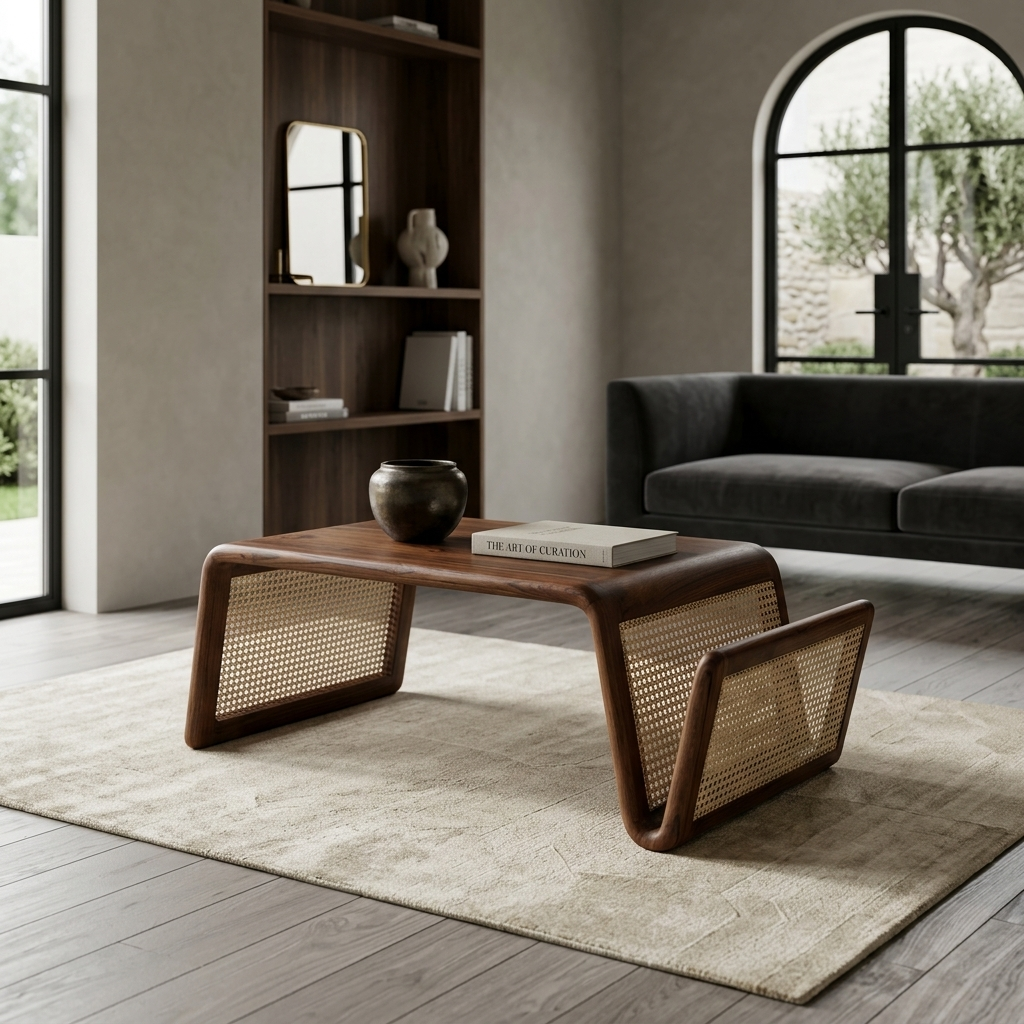 Linear Walnut & Woven Cane Coffee Table with Built-In Magazine Rack - premium handcrafted Indian furniture, A masterfully designed multifunctional coffee table that per