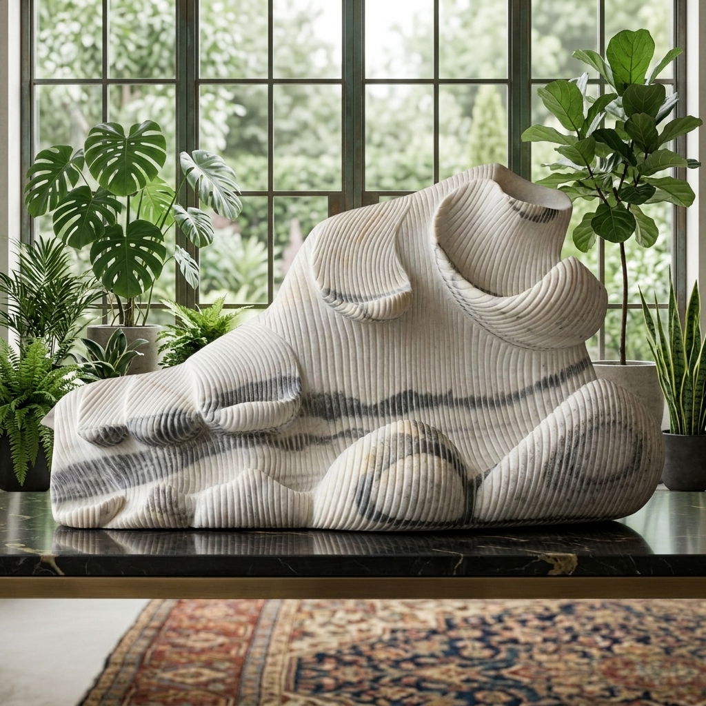 Artisan Ribbed Marble Fluid Form Sculpture view 2 - handcrafted furniture detail