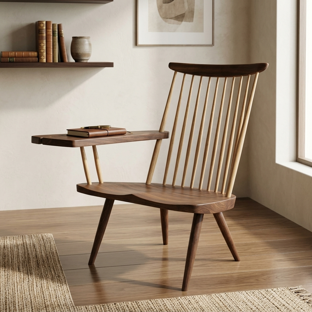 Mid-Century Modern Spindle-Back Lounge Chair with Writing Tablet Arm - handcrafted Indian furniture, An elegant mid-century modern spindle-back accent chair feat