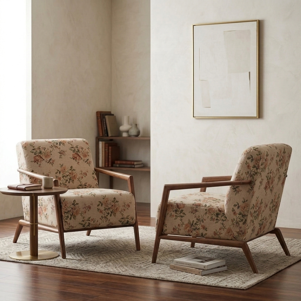 Floral Printed Solid Teak Accent Armchair view 3 - handcrafted furniture detail
