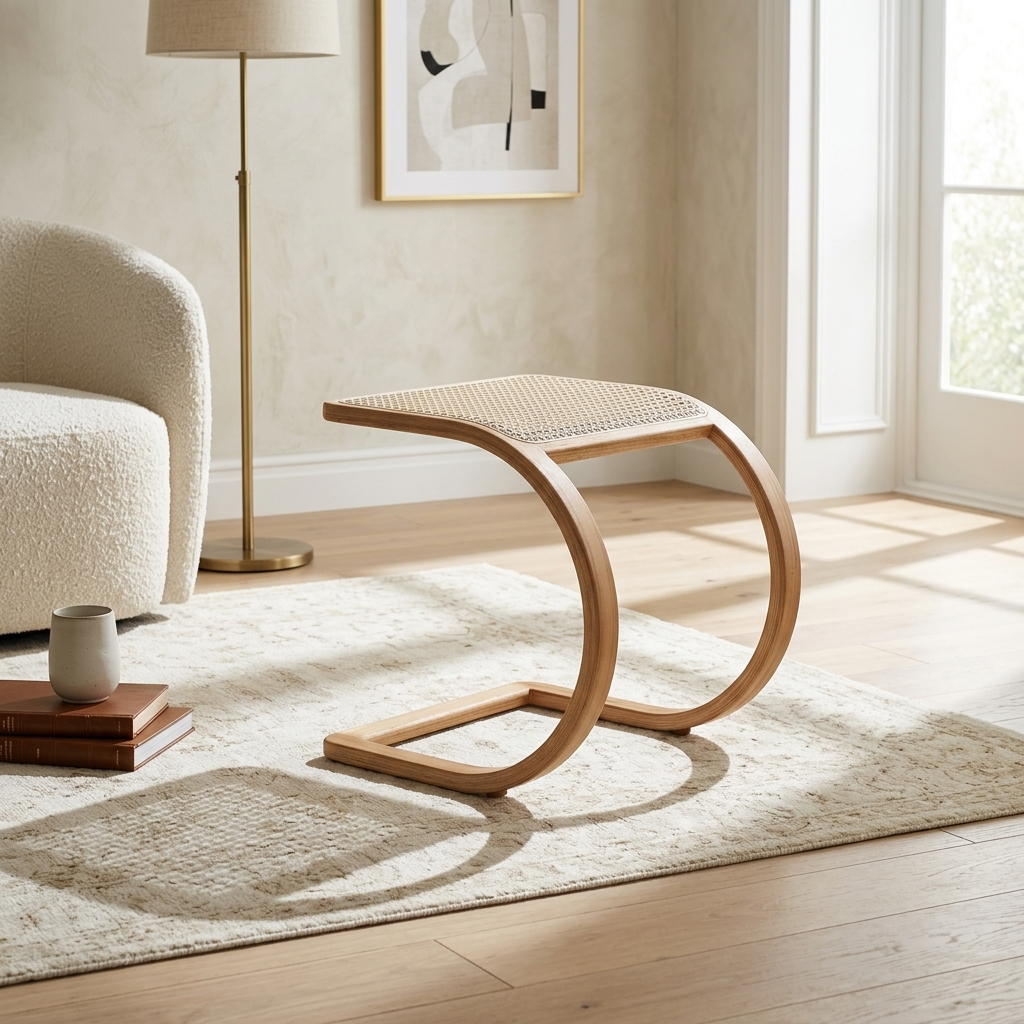 Curva C-Shaped Woven Cane Side Table - premium handcrafted Indian furniture, A stunning statement piece fusing Bauhaus architectural geom