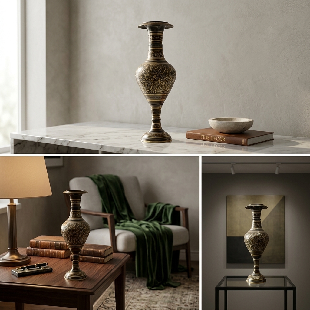 Brass Aftaba-Style Engraved Trumpet Vase view 2 - handcrafted furniture detail