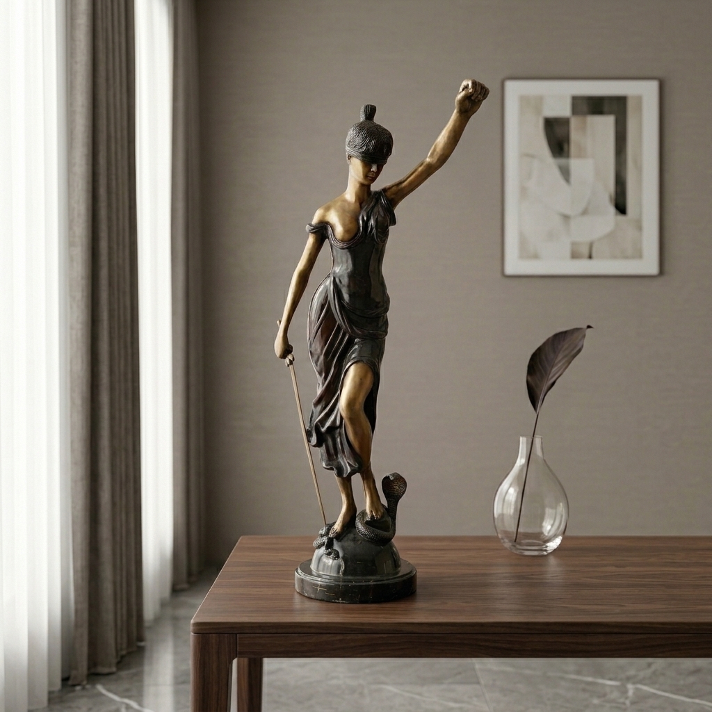 Lady Justice Bronze Statue view 3 - handcrafted furniture detail