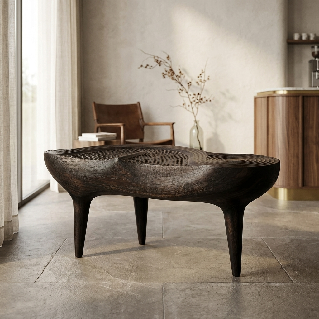 Single Piece wood - Hand Carved Scorched Rich TeakWood Organic Table view 2 - handcrafted furniture detail
