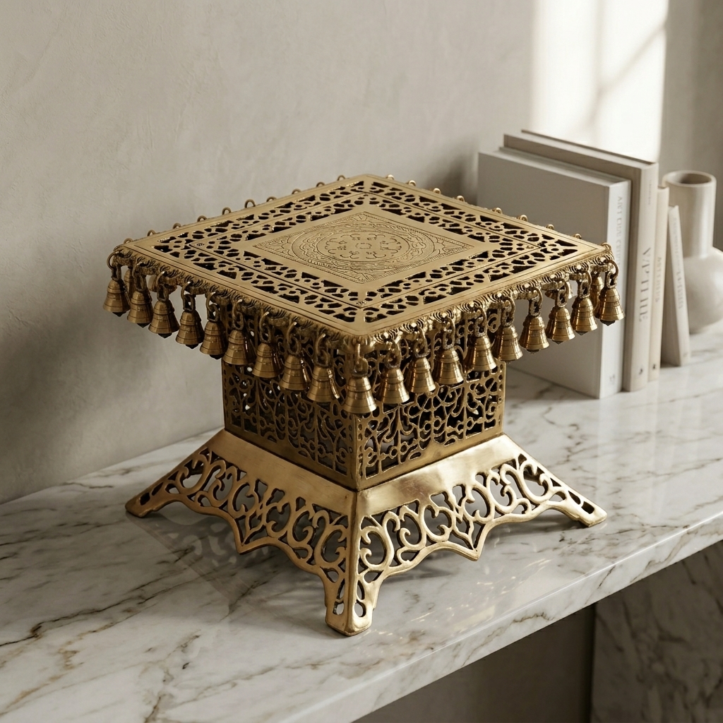 Ornate Brass Square Pedestal with Ghungroo Bells - premium handcrafted Indian furniture, An elegant, highly detailed square pedestal stool or chowki 