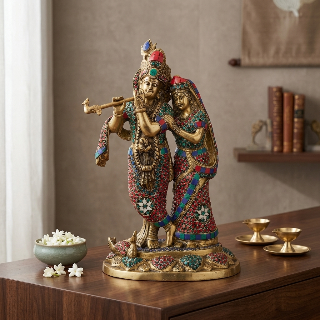Radha Krishna Brass Idol with Mosaic Work view 2 - handcrafted furniture detail