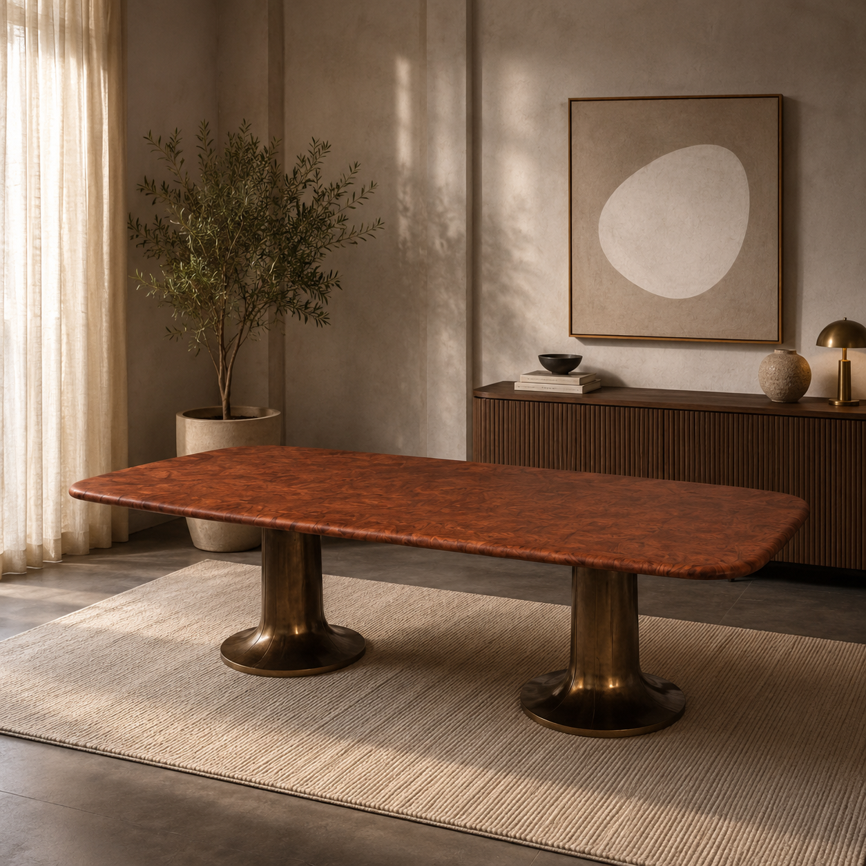 Burl Natural Wood with Veneer & Cast Aluminium Pedestal Table - handcrafted Indian furniture, A grand statement piece designed for luxury boardrooms and h