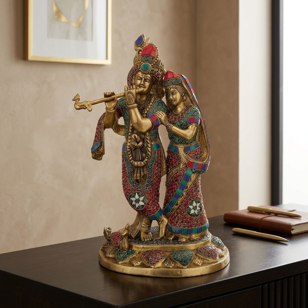 Radha Krishna Brass Idol with Mosaic Work - premium handcrafted Indian furniture, A beautiful brass statue depicting Lord Krishna playing his 