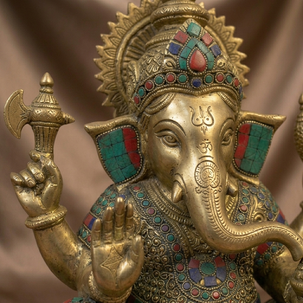 Brass Ganesha Idol with Stone Inlay view 2 - handcrafted furniture detail