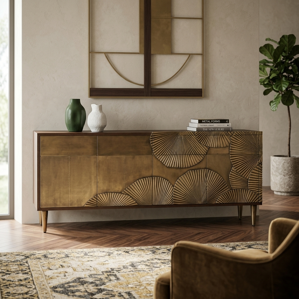 Liquid Metal - Brass Radiance Fan-Carved Sideboard view 3 - handcrafted furniture detail