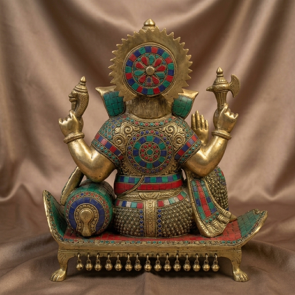 Brass Ganesha Idol with Stone Inlay view 3 - handcrafted furniture detail