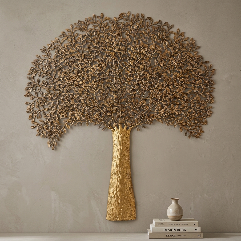 Golden Tree of Life Metal Wall Art - premium handcrafted Indian furniture, A stunning handcrafted Tree of Life wall art piece featuring