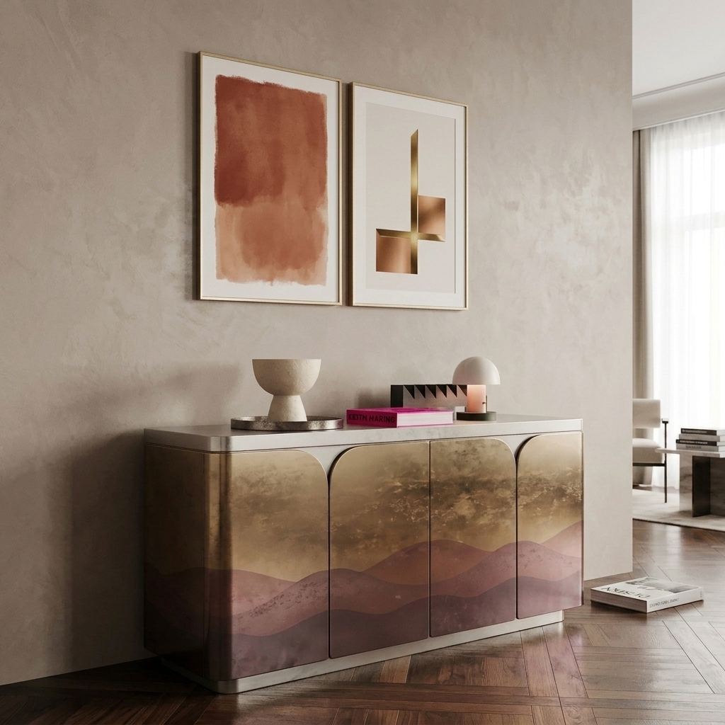  Liquid Metal Horizon Gradient Curved Sideboard view 2 - handcrafted furniture detail