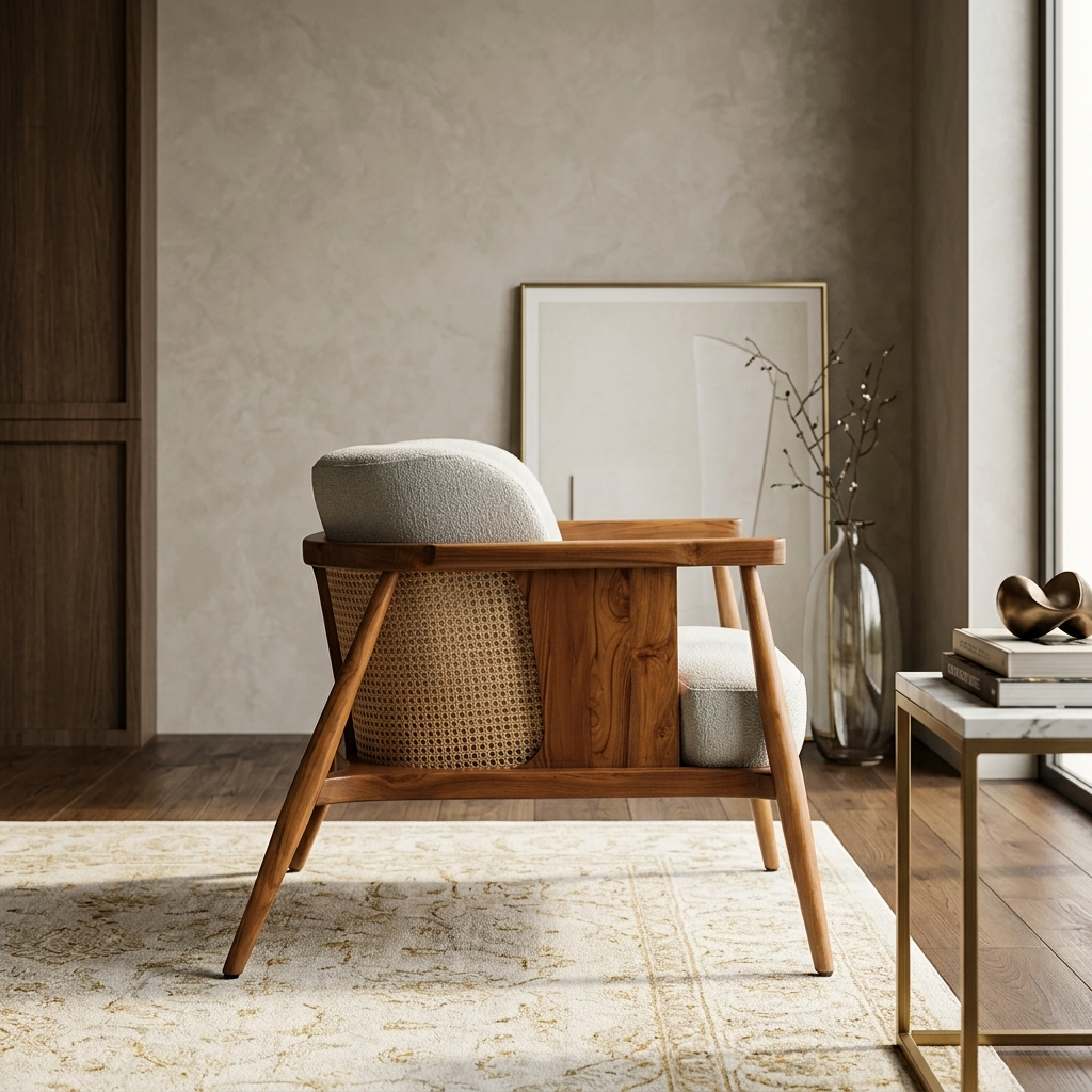Nordic Teak & Bouclé Accent Chair with Natural Cane view 2 - handcrafted furniture detail