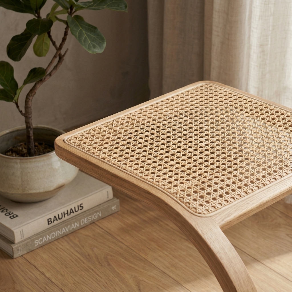 Curva C-Shaped Woven Cane Side Table view 2 - handcrafted furniture detail