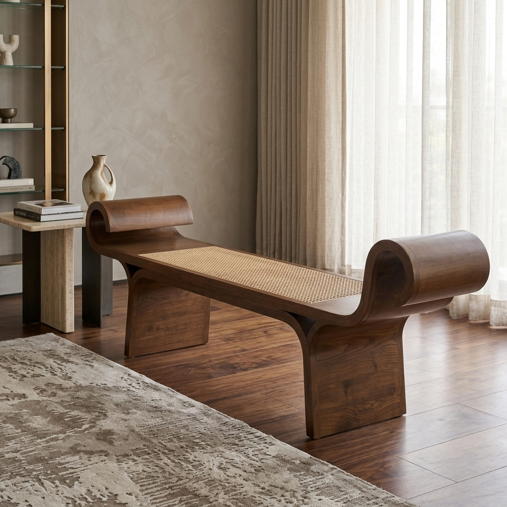 Minimalist Curved Teakwood Bench with Cane Weaving - handcrafted Indian furniture, A stunning statement piece blending organic materials with s