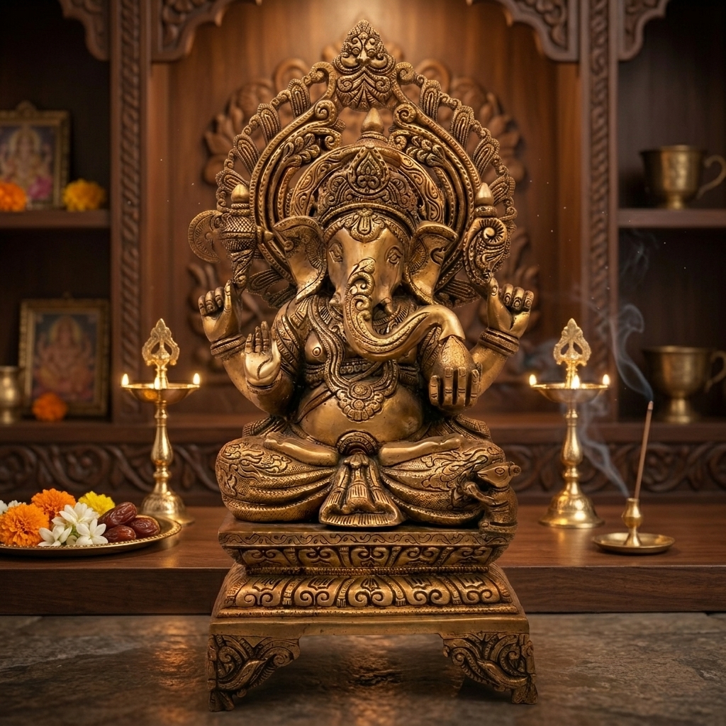 Brass Lord Ganesha Idol with Ornate Arch view 3 - handcrafted furniture detail