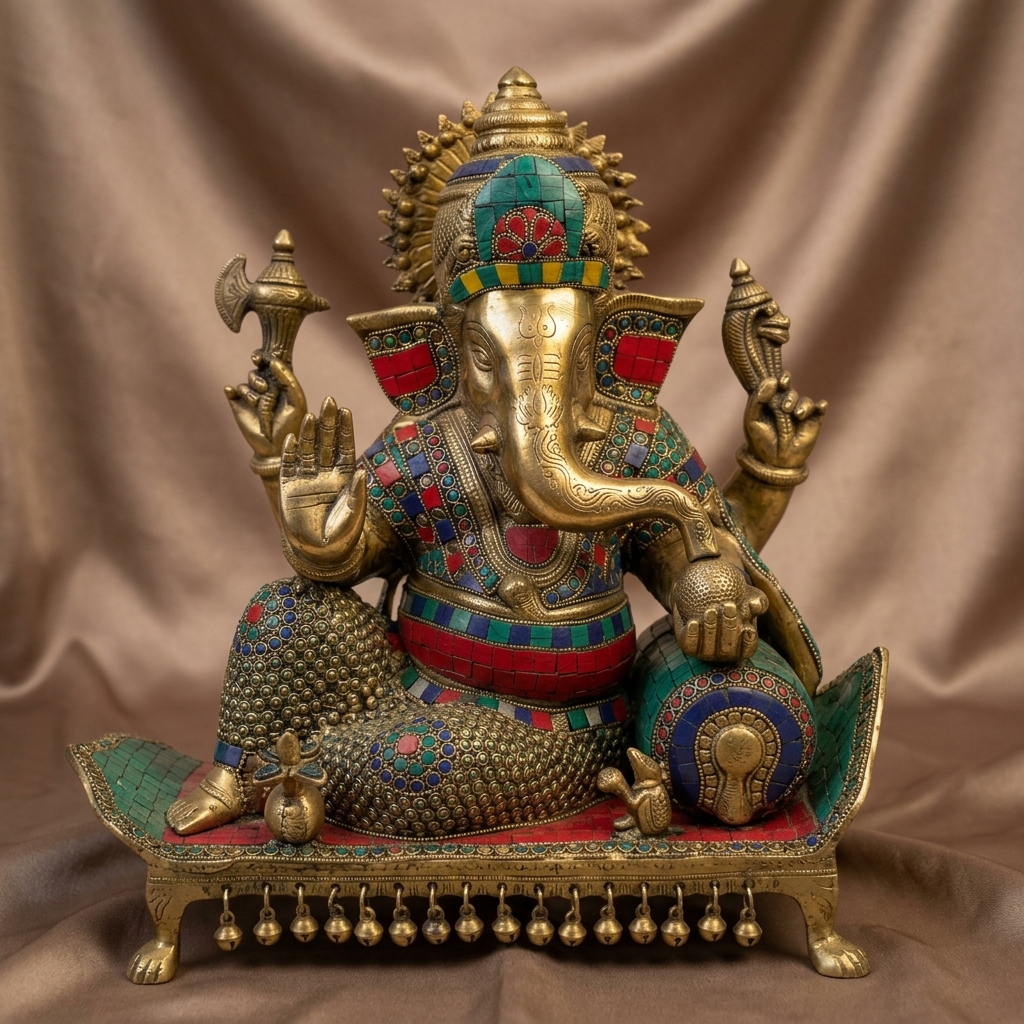 Brass Ganesha Idol with Stone Inlay - premium handcrafted Indian furniture, A beautifully handcrafted Lord Ganesha idol made in antique 