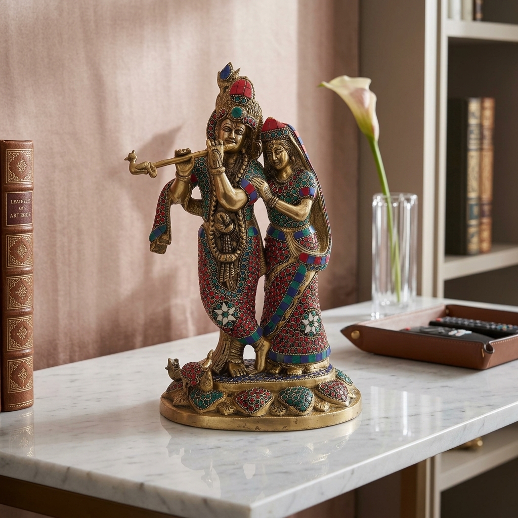 Radha Krishna Brass Idol with Mosaic Work view 3 - handcrafted furniture detail